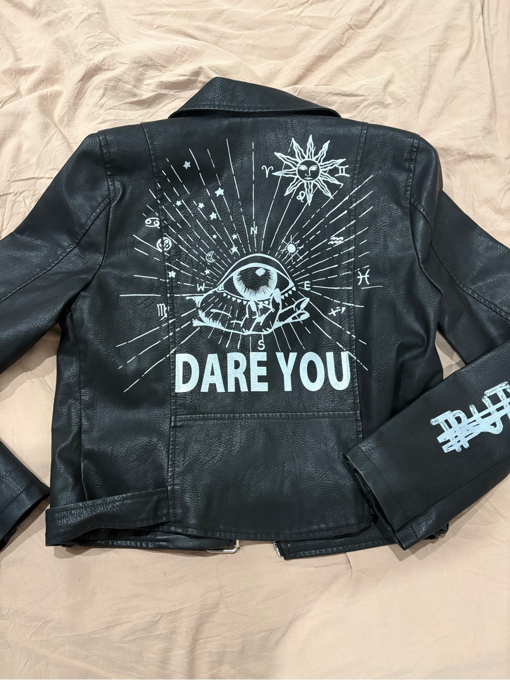 Dare You Black Graphic Faux Leather women’s  Jacket
